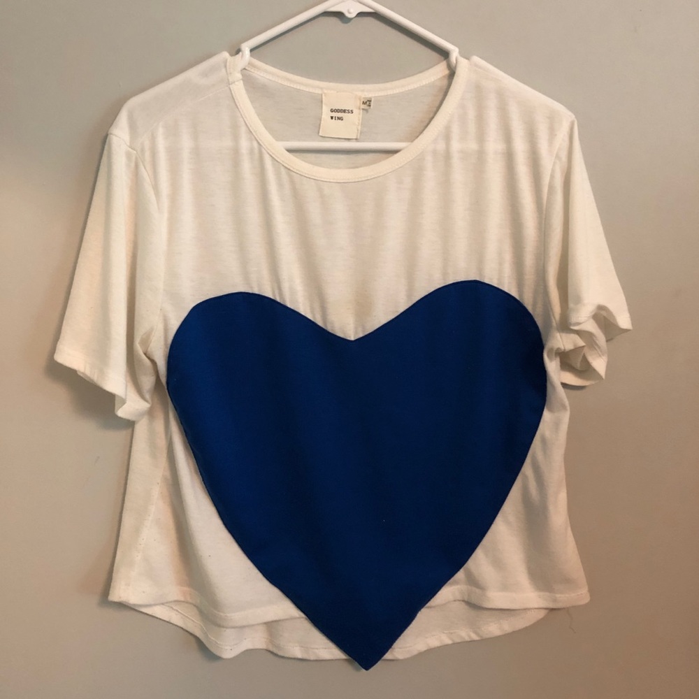 Goddess Wing Cotton White T-shirt w/ Blue Heart